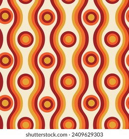 Retro geometric circles on groovy 70s oval ogee curved lines seamless pattern in orange, burgundy and mustard on light cream background. For fabric, wallpaper, textile and retro backgrounds. 