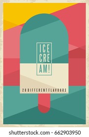 Retro geometric concept for ice cream on creative artistic background. Unique style ad template.