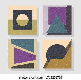 Tapas geométricas retro. Antecedentes abstractos, modernista. Conjunto de fondo de formas geométricas coloridas. Aplicable para tarjeta de regalo, portada, afiche.  Diseño de afiches. Tapas retro.