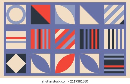Retro geometric covers set. Bauhaus retro design colors. Flat covers design. Simple shapes. Vector EPS 10.