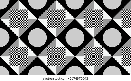 Um design geométrico retrô com uma combinação de círculos, quadrados quadriculados e triângulos. As cores dominantes são preto, branco e cinza.