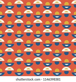 Retro Geometric Dot Vector Pattern Seamless Background, Hand Drawn Semi Circle Illustration for Trendy Home Decor, Summer Fashion Prints, Wallpaper, Kitchen Tile, Gift Wrap, Vintage Red Blue White