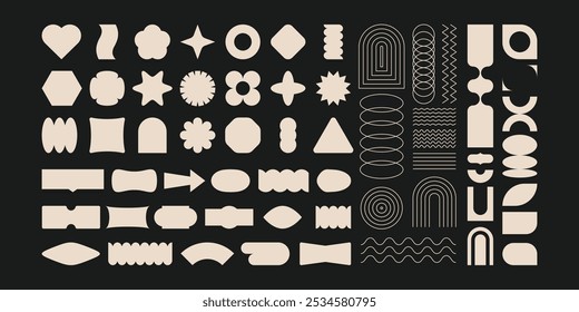 Retro geometric elements. Abstract 80s 90s modern minimal primitive figures, funky circle square star and dot vintage shapes swiss y2k memphis style. Vector set.