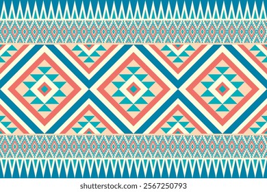 Retro Geometric Ethnic Design with Bold Blue and Coral Motif,  Tribal Design, seamless, Aztec, Tribal, Native American, Indian, pattern design for wrapping, carpet, decorative illustration.