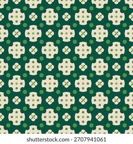 Retro Geometric Floral Circle Dot Seamless Pattern Dark Green Background