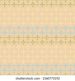 Retro geometric floral pattern. Seamless vector background. Blue and green color ornament on beige background. Ornament for fabric, wallpaper, packaging, Decorative print. Vintage kitchen background.
