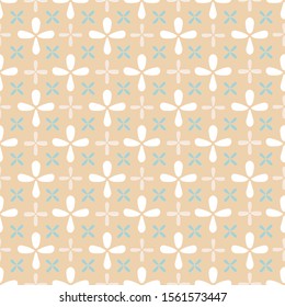 Retro geometric floral pattern. Seamless vector background. White and blue ornamenton cream color backgroud. Ornament for fabric, wallpaper, packaging, Decorative print. Vintage kitchen background.