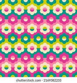 Retro geometric floral seamless pattern with striped background.