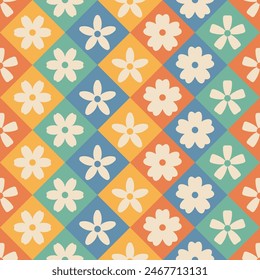 Retro geometric floral seamless pattern. Multicolor background 60-70s style with flowers.