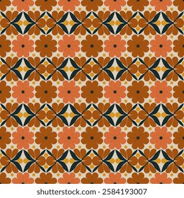 Retro Geometric Floral Seamless Pattern in Warm Gold and Black
