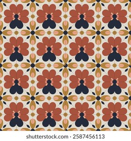 Retro Geometric Floral Seamless Pattern in Warm Orange and Brown