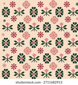 Retro geométrico floral sin fisuras patrón rosa verde beige