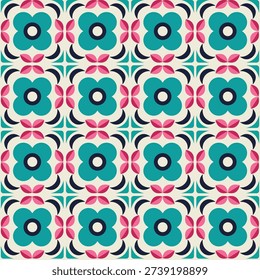 Retro Geometric Floral Seamless Pattern in Teal and Pink