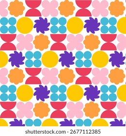 Padrões florais retrô-geométricos sem costura. Fundo abstrato colorido brilhante. Ilustrações de vetor