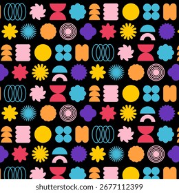 Retro geometric floral seamless patterns. Bright colorful abstract backgrounds. Vector Illustrations
