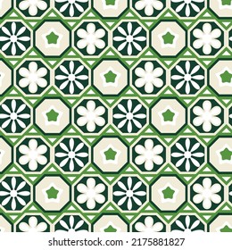 Retro Geometric Florals Stars Octagons Seamless Pattern Tile Style Simple Shapes Beautiful Color Combinations Perfect for Allover Fashion Fabric Print or Wrapping Paper Elegant Design Bright Green