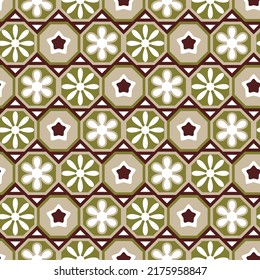 Retro Geometric Florals Stars Octagons Seamless Pattern Tile Style Simple Shapes Beautiful Color Combinations Perfect for Allover Fashion Fabric Print or Wrapping Paper Elegant Vector Design Olive