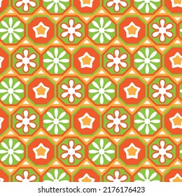 Retro Geometric Florals Stars Octagons Seamless Pattern Tile Style Simple Shapes Beautiful Color Combinations Perfect for Allover Fashion Fabric Print or Wrapping Paper Elegant Design Coral Yellow