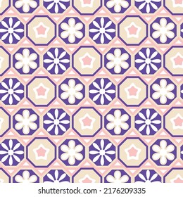 Retro Geometric Florals Stars Octagons Seamless Pattern Tile Style Simple Shapes Beautiful Color Combinations Perfect for Allover Fashion Fabric Print or Wrapping Paper Elegant Design Pastel Pink