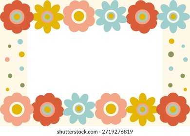 Marco de flores geométrico retro con espacio de copia. Fondo colorido con patrón de rejilla de flores de energía. Borde de diseño plano de Vector para la tarjeta de felicitación nostálgica de San Valentín o póster vintage.