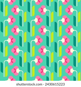 Retro geometric flower and leaf seamless pattern background.