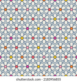 Patrón retro de flor geométrica sin soldadura con fondo hexagonal.