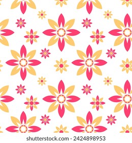 retro geometric flower seamless pattern background, floral pattern, flat color pink and gold, design for wallpapers, textile and fabrics, table cloth, vector illustration