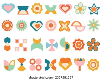 Flores geométricas retro diseño gráfico arte abstracto elemento floral aislado sobre fondo blanco. Ornamento psíquico mínimo de figuras tripales psicodélico, ilustración decorativa de la estampación de groovy vectorial