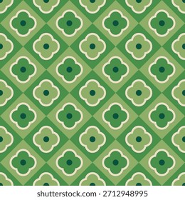 Flor geométrica retro de cuatro hojas en diseño de patrón transparente verde