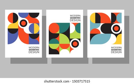 Retro geometric graphic design covers. Cool Bauhaus style compositions. For social media, cards, posters, marketing. Eps10 vector.