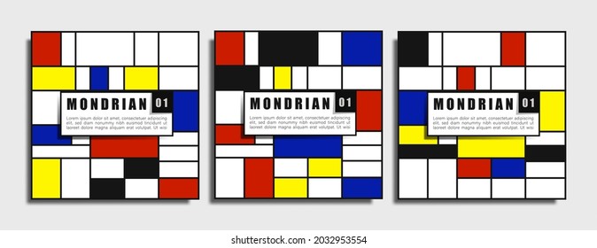 Tapas de diseño gráfico geométrico retro. Composiciones de estilo mondriano o Bauhaus frío. Para medios sociales, tarjetas, afiches, marketing. Vector Eps10.