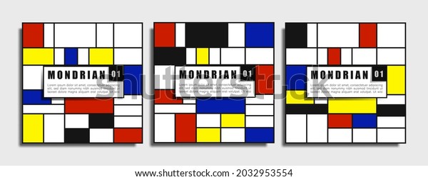 Retro geometric graphic design covers. Cool\
piet mondrian or Bauhaus style compositions. For social media,\
cards, posters, marketing. Eps10\
vector.