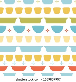 Retro geometric kitchen utensil pattern. Seamless vector background. Colorful vintage kitchen bowl on white backgroud. For fabric, wallpaper, packaging, Decorative print. Vintage kitchen background.