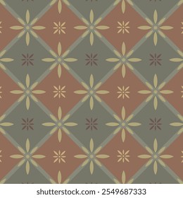 Retro geometric lattice repeat pattern with rosette flowers and rhombus tiles in earth tones. Tan and gray minimalist traditional plaid background.