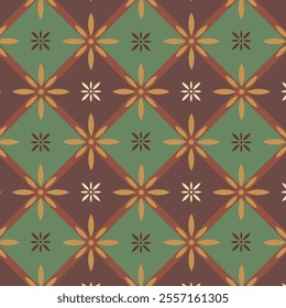 Retro geometric lattice repeat pattern with rosette flowers and rhombus tiles in maroon brown and sage green. Minimalist traditional grid background.