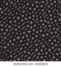 Retro geometric line shapes seamless patterns. Abstract jumble textures. Black and white scattered shapes