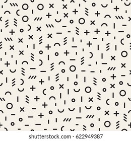 Retro geometric line shapes seamless patterns. Hipster fashion 80-90s design. Abstract jumble textures. Black and white scattered shapes