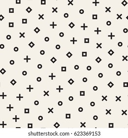 Retro geometric line shapes seamless patterns. Hipster fashion 80-90s design. Abstract jumble textures. Black and white scattered shapes
