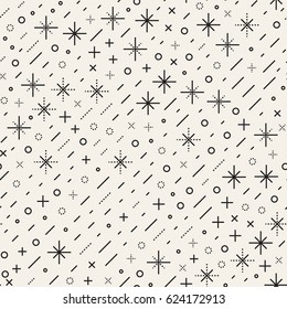 Retro geometric line shapes seamless patterns. Hipster fashion 80-90s design. Abstract jumble textures. Black and white scattered shapes