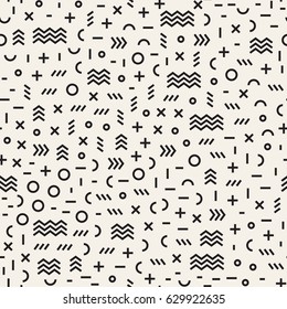 Retro geometric line shapes seamless patterns. Hipster fashion 80-90s design. Abstract jumble textures. Black and white scattered shapes