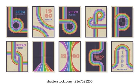 Des affiches de lignes géométriques rétro. Chemin de couleur arc-en-ciel, rayures groovy des années 80 et ensemble minimal d'images vectorielles de création d'affiches. Illustration du style de chemin arc-en-ciel