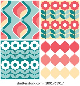 Retro geometric mid-century modern vector seamless pattern set of four, funky repetitive textile designs. 
Vintage Scandinavian style ornament with flowers and abstract shapes - perfect for wallpaper,