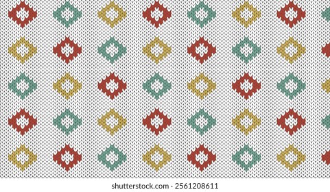 Retro geometric on white knitted design, Festive Sweater Design. Seamless Knitted Pattern