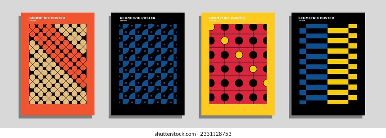 Retro geometric pattern background, vector abstract circle, triangle and square lines art. Trendy colorful bauhaus pattern backgrounds op-art set