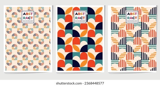 Retro geometric pattern background, vector abstract circle, triangle and square lines art. Trendy bauhaus pattern backgrounds set. Applicable for brochures, posters, covers and banners.