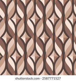Retro Geometric Pattern with Brown and Beige Tones, Interlocking Shapes in Curved Line Design, curved lines and diamond forms, Seamless repeating vector pattern, brown colors
