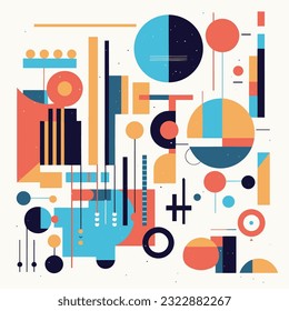 Retro geometric pattern with circles, squares and lines. Vector illustration background