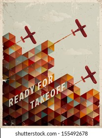 Retro Geometric Pattern with clouds and airplanes