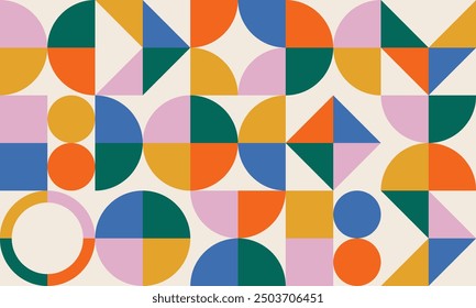 Retro geometric pattern with colorful Bauhaus simple shapes. Abstract minimal background.