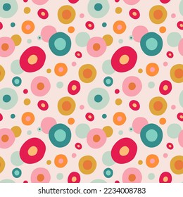 Retro geometric pattern, colorful, pink background, colored circles, seamless pattern